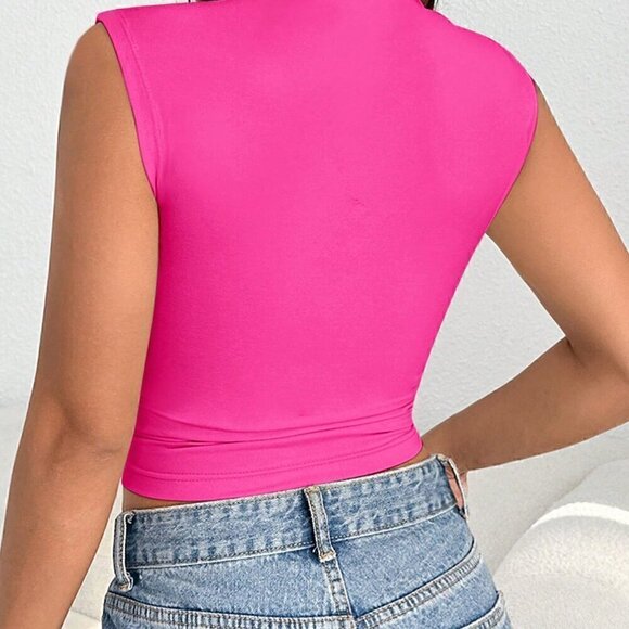 Hot Pink Casual Women's Funnel Neck Ruched Tank Top - Picture 3 of 5